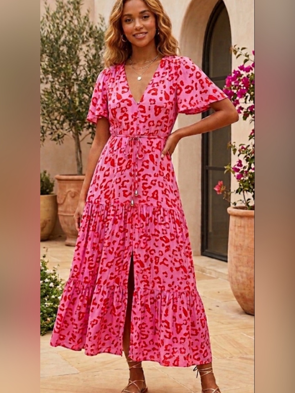 Petal & Pup Pink & Red Leopard Print Maxi Dress, size L